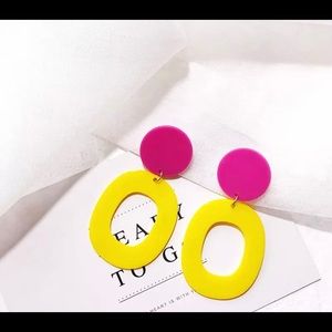 Hollow Geometric Round Long Dangle Earrings Pink Yellow Acrylic